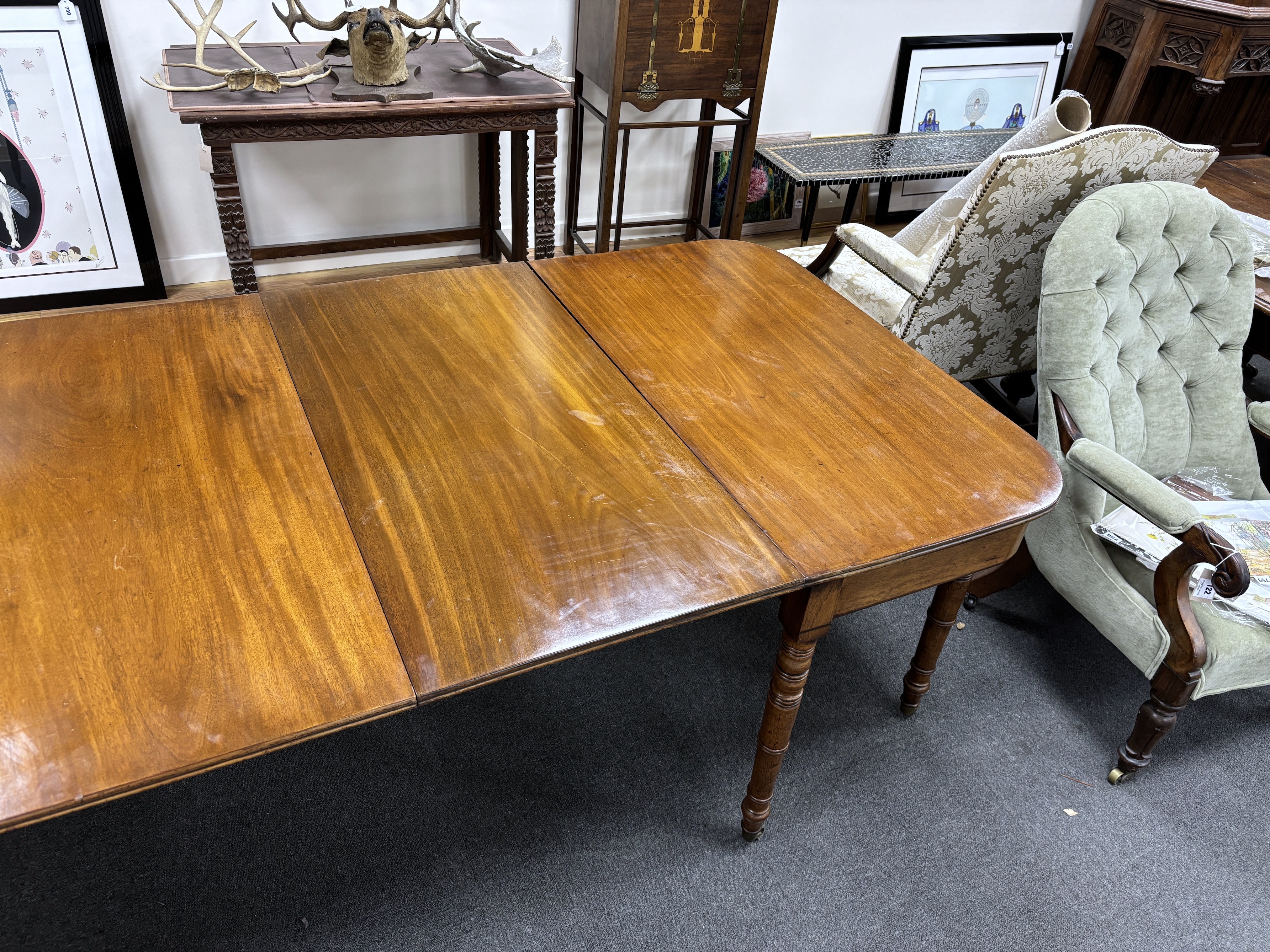 A Regency mahogany D end extending dining table, 220cm extended, depth 105cm, height 72cm